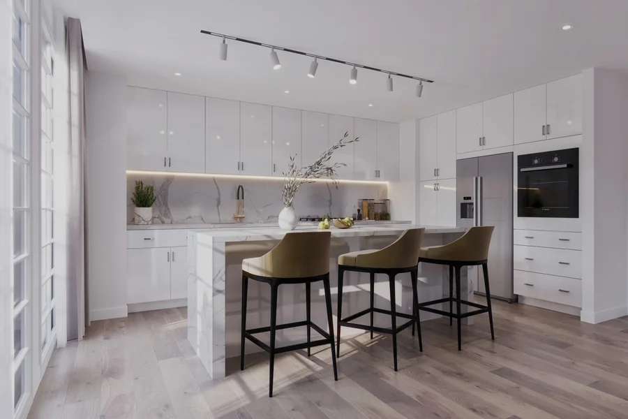 High Gloss White frameless cabinet style shown for kitchen inspiration